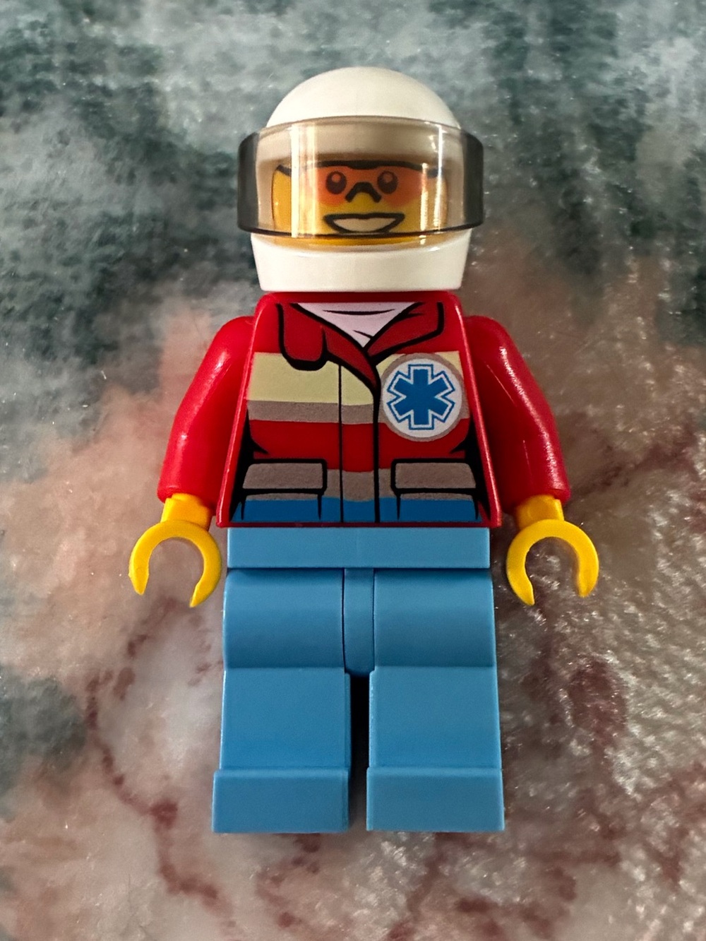 Lego Red Jacket Paramedic Minifigure with White Helmet and Light Blue Legs